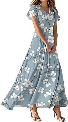 Boho Dresses for Women,2025 Summer Elegant Trendy V Neck Short Sleeve Floral Maxi Dress,Romantic Flowy Ruched Swing A Line Long Beach Vacation Dress Hawiian Resort OutfitsD-Light Blue,L