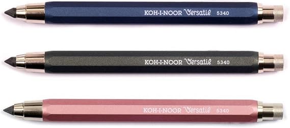 KOH-I-NOOR 5340 Versatil - Set of 3 metal mechanical clutch leadholder with lead sharpener, lead diameter 5.6 mm - blue and green and pink