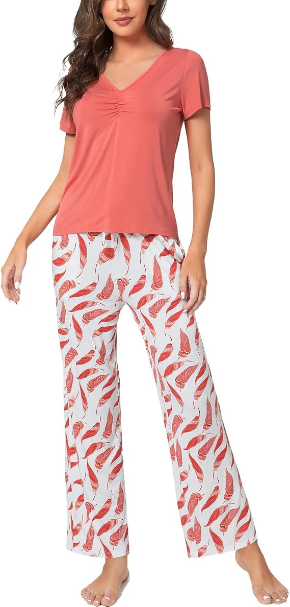 GYS Women's Bamboo Viscose Pajama Sets, Cooling Short Sleeve Sleepwear for Hot Sleepers, Silky Soft Summer V-neck Lounge Pjs
