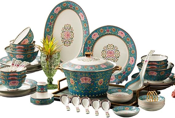 Enamel Colored Tableware, Ceramic, Gold Edged Bone China, Bowls, Chopsticks, Dishes Set