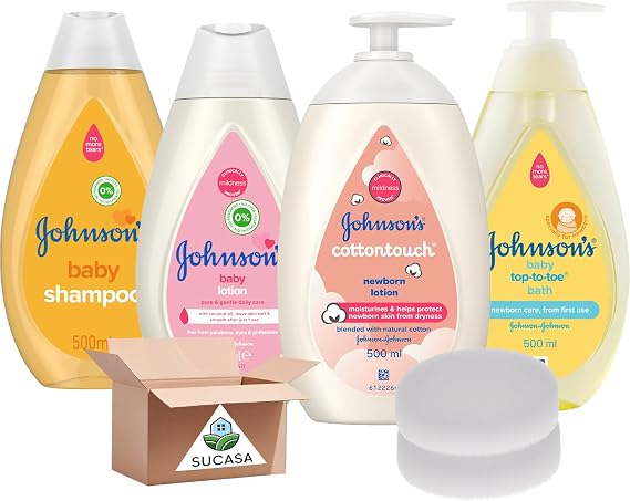 Newborn Essentials 4pcs Bundle: Johnson's Head-to-Toe Baby Wash, Baby Lotion, Baby Shampoo, Cotton Touch Newborn Face & Body Lotion + 2x Baby Sponges Sucasa