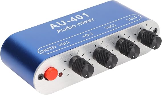 Mini Audio Mixer, 4 Channel Line Mixer with 3.5mm Stereo Jack, 4 Input 1 Stereo Output & Volume Adjustment, DC 5V-12V Stereo Mixer for PC, Phone, Laptop, Headphone, Small Clubs or Bars