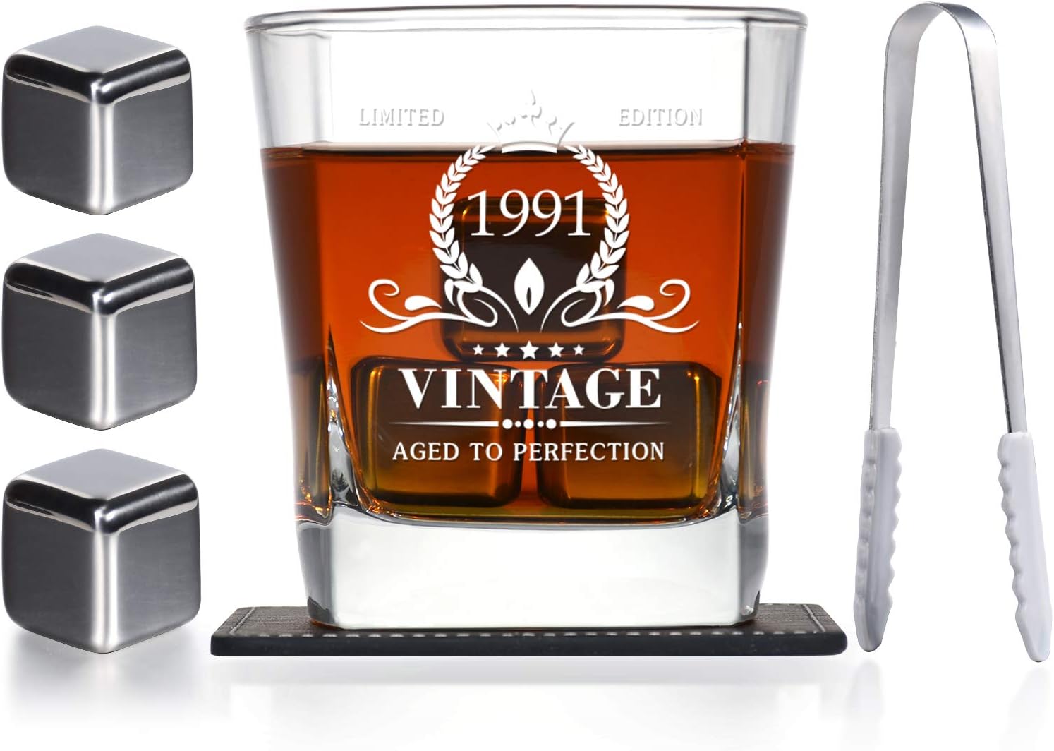 1991 30th Birthday Gifts for Men, Vintage Whiskey Glass and Stones Funny 30 Birthday Gift for Him Son Husband Brother, 30th Bday Decorations Party Favors, 30 Year Old Anniversary Present Ideas