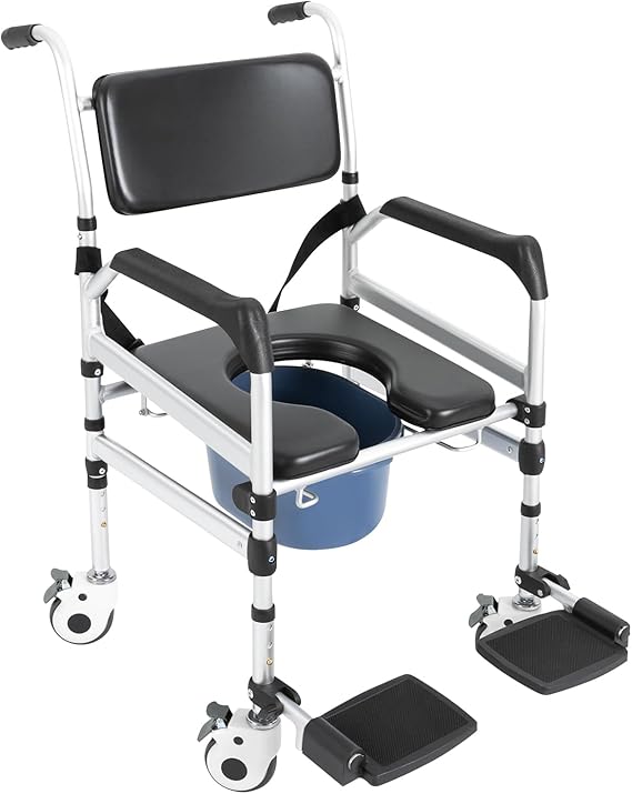 Shower Chair with Wheels, Adjustable Height Folding Commode Chair for Elderly & Disabled, 352lbs Capacity Bedside Wheelchair Bathroom Chairs, Non-Slip & Foldable
