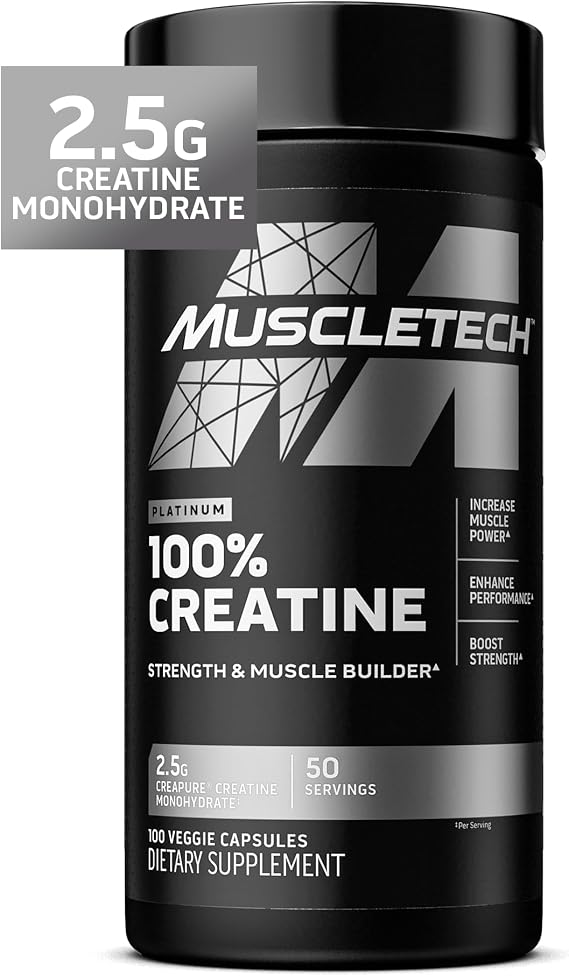 MuscleTech Platinum Creatine Monohydrate Capsules - Creapure Creatine | Pre & Post Workout Muscle Builder, Muscle Recovery & Energy Boosting Supplement for Men & Women - 100 Veggie Pills