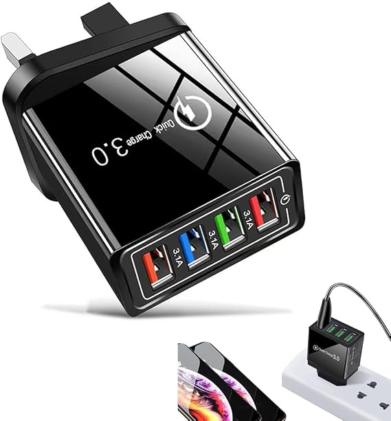 Hyper Charge Pro,4-Port Wall with Intelligent Temperature Control,Wall Charge for Travel & Home,Universal Compatibility for All Phones,USB Plug Fast Charging (Black)