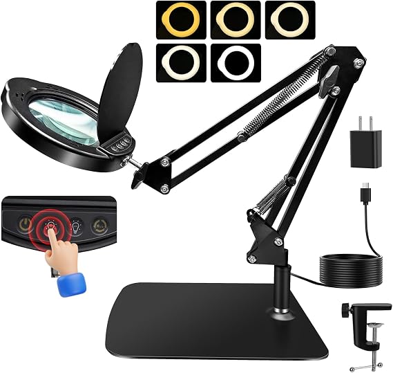15X HD Magnifying Glass with Light, Hands-Free Desk Magnifier with 2-in-1 Base & Clamp, Adjustable Swing Arm, 5 Color Modes, 10 Brightness Levels for Reading, Crafts, Sewing & Nail Art