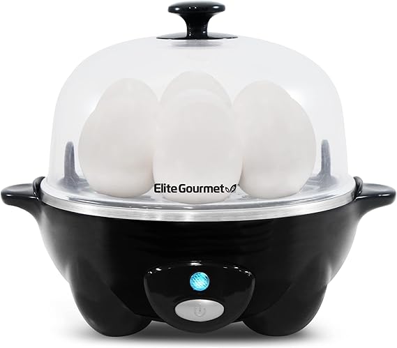 Elite Gourmet EGC-007B Rapid Egg Cooker, 7-Egg Poacher/Omelet Maker, Black | Easy-to-peel hard, medium, or soft-boiled eggs - auto shut-off, alarm, 16-recipe booklet included