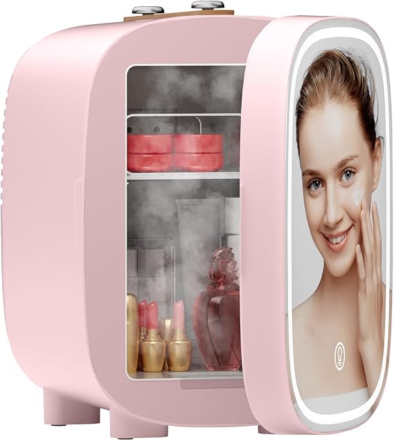 LIGIANT Mini Fridge, With 3-Level Dimmable LED Light Mirror, Low Noise Mini Fridge, 4L Large Capacity, Cooler & Warmer, Portable Design for Multiple Uses - Bedroom, Office, and Travel