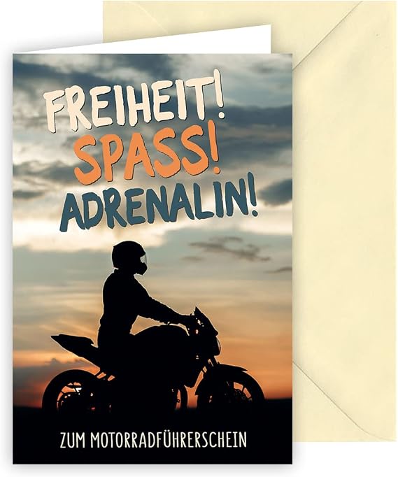 KE - Perfect Congratulation Card for New Motorcycle Driving Licence, Passed Driving Licence for Motorcycle, Motorcycle Licence, DIN B6 Format, Includes Envelope - Motif: Adrenaline