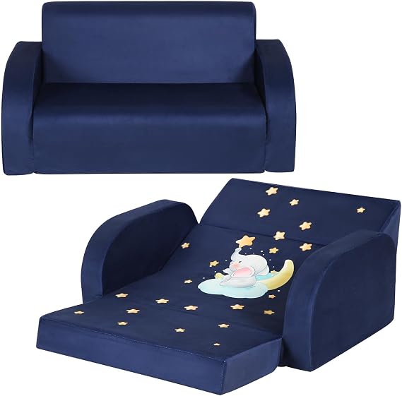 MOMCAYWEX Kids Sofa Chair,3-in-1 Extra Wide Foldable Couch,Velvet,Navy Blue | Fold-Out Sofa Furniture, Removable Washable Soft Cover, Lightweight, Reading Playing Comfy Convertible Chair, Boys Girls