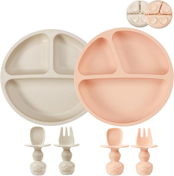 PandaEar 2 Pack Silicone Baby Suction Plates with 2 Spoons 2 Forks for Toddlers Kids Childrens| Sectioned Divided Baby Weaning Plates| Toddler Dinner Set| BPA-Free Baby Feeding Set