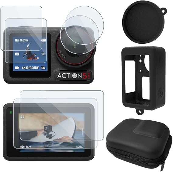 Screen Protector for DJI Osmo Action 5 Pro and Silicone Cover+Carrying Case