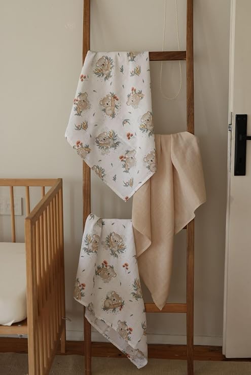 SALLHOMEE Çok Amaçlı Müslin Örtü, Pamuklu, Bej, Bebek, 2 Katlı, 3'lü Set, Koala Desenli, Antibakteriyel