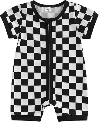 Karuedoo Newborn Baby Boy Girl Clothes Checkered Zipper Short Sleeve Romper Jumpsuit One-Piece Bodysuit Infant Summer Outfit