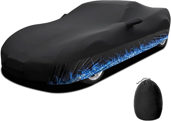 Erato Indoor Car Cover Elastic Full Coverage Stretch Breathable Dustproof for Underground Garage, Car Show, Flame Pattern, Fits Full-Size Sporty Car up to 181 Inches, Custom-Fit Style, Black