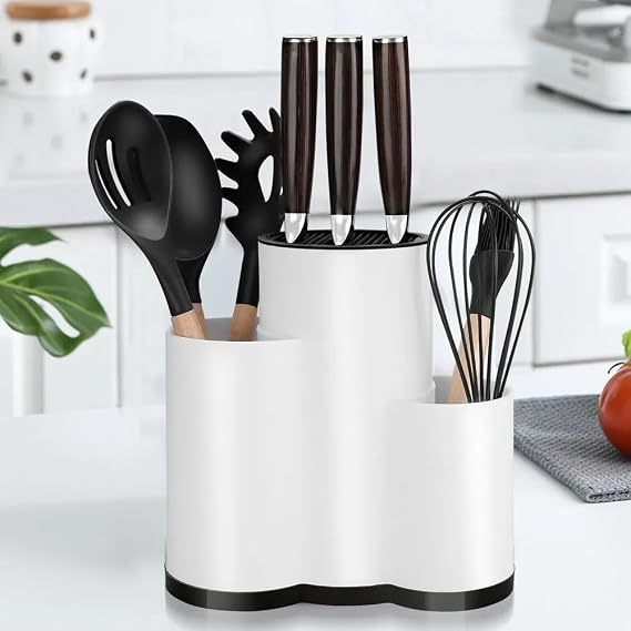 COVEREST 3 in 1 Kitchen Organizer - Countertop Organizer for Spoon, Fork, Knife Kitchen Appliances, Perforated Knife Holder, Sectional Spoon Holder (WHITE)
