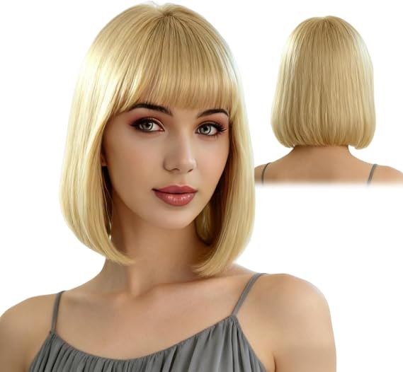Blonde Wig, Short Blonde Wig for Women, Bob Wig with Natural Look, Head Circumference 55 to 58 cm, Length 35 cm
