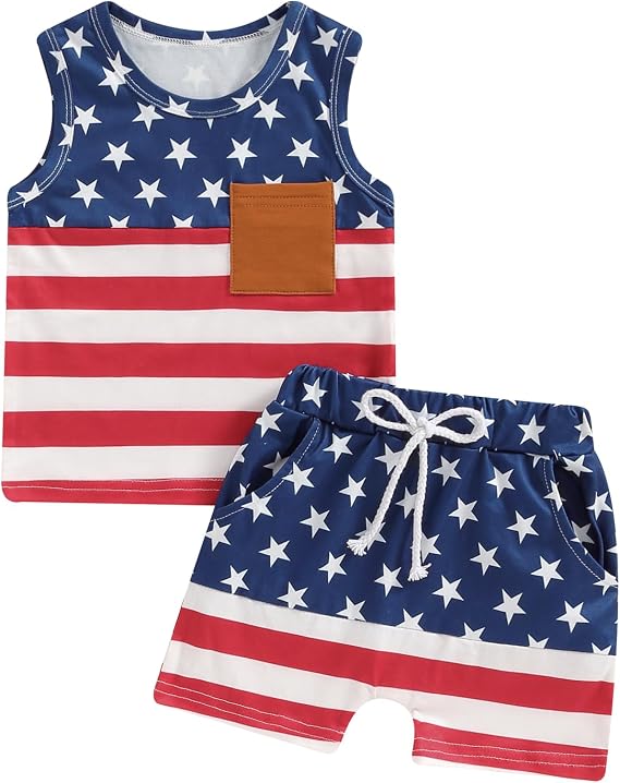 Toddler Boy 4th of July Outfit Stripe&Star Print Pocket Tank Tops with Shorts 2Pcs Independence Day Clothing Set