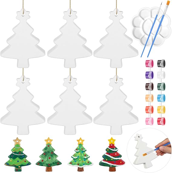 Eersida 11 Pcs Paint Your Own Ceramic Christmas Tree Ornament with Hanger 3D Figurines Christmas Tree Craft Set Include 6 Unpainted Xmas Decorations 2 Strips of Paints with 2 Brushes 1 Palette