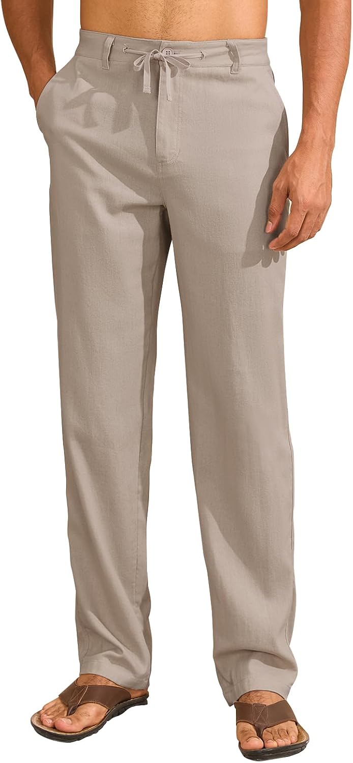 Uusollecy linen trousers mens light summer trousers long with drawstring mens summer linen trousers casual trousers with pockets for men