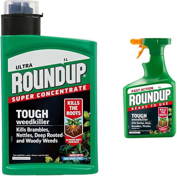 Roundup Tough Weedkiller, Concenrate, Makes up to 100 Litres, 1 Litre & Tough Weedkiller, Ready to Use, Spray, 1 Litre