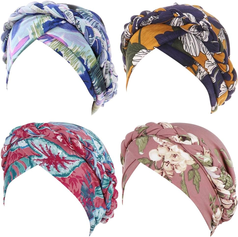 4 Pieces Womens Turban Hat Head Wrap Chemo Cap Ethnic Bohemia Tie Dye Pre-Tied Twisted Braid Hair Cover Headwear