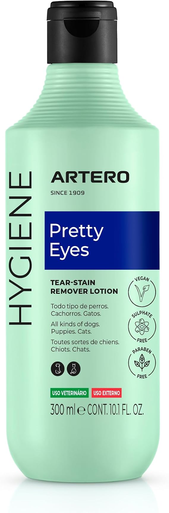 ARTERO Pretty Eyes. Eye Cleaner. Effectively removes Tear Stains from the Tear ducts of Dogs and Cats, ensuring a Clean and Healthy Appearance. 300 ml Bottle for Regular use.