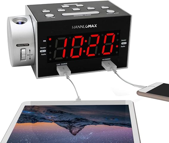 HANNLOMAX HX-135CR Alarm Clock Radio, Time Projection, USB Charge-Red LED | FM Radio, Digital Clock, Dual Alarm, 1.2 Red LED Display, Dual USB Ports for 2.4A & 1A Charging