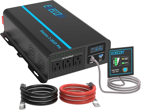 EDECOA 12V 110V 2000W Pure Sine Wave Inverter, DC to AC Power Inverter for RV Car Boat Household with LCD Display, USB Port and Type-C Port 2 AC Outlets Remote Controller