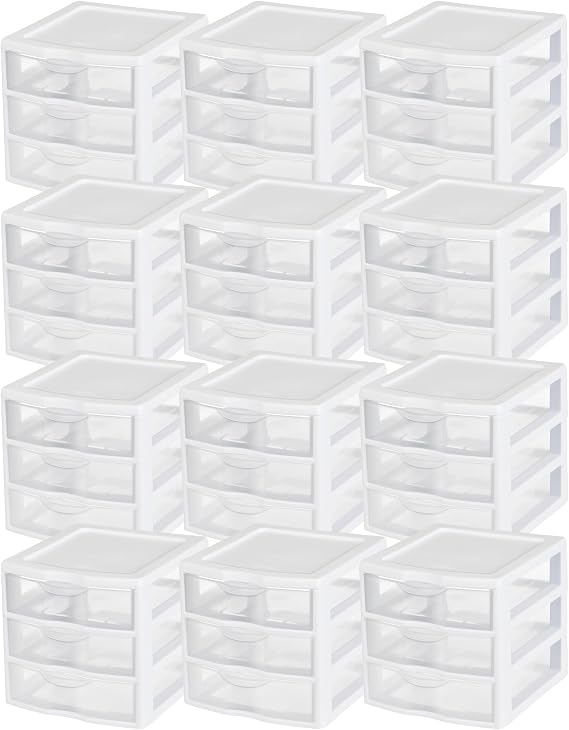Sterilite Clearview 3-Drawer Cart Small Plastic Storage Organizer, 12-Pack | White - Organizing Drawers, Containers for Bathroom, Closet, Kitchen, and Bedroom