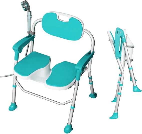 Shower Chair for Seniors - Folding Shower Seat 150 kg Shower Chair with Backrest and Armrest Height Adjustable Non-Slip Foot Pads Shower Stool for Seniors Pregnant Women Disabled