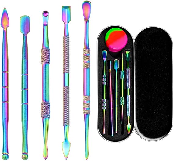 6 Pieces Wax Carving Tool Set, Double-Ended Carving Tool Stainless Steel Wax Sculpting Tools with 5ml Silicone Container Jar and Portable Metal Case for Wax Oil Clay Pottery, Rainbow Color