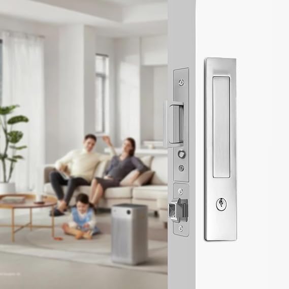 Pocket Door Locks,Recess Edge Pull,Pocket Door Hardware(Silver,Key Type) | for Doors 1 5/13" to 2 2/8" Thick