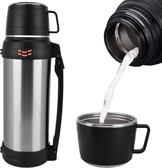 Flask - 2L Large Capacity, Insulated Water Bottle Stainless Steel Vacuum | Flask for Hot Drink, Keeping Hot 12 h Cold 24 h + Coffee Cup Lid with Handle, Suitable for Sports Home Car Office Outdoor