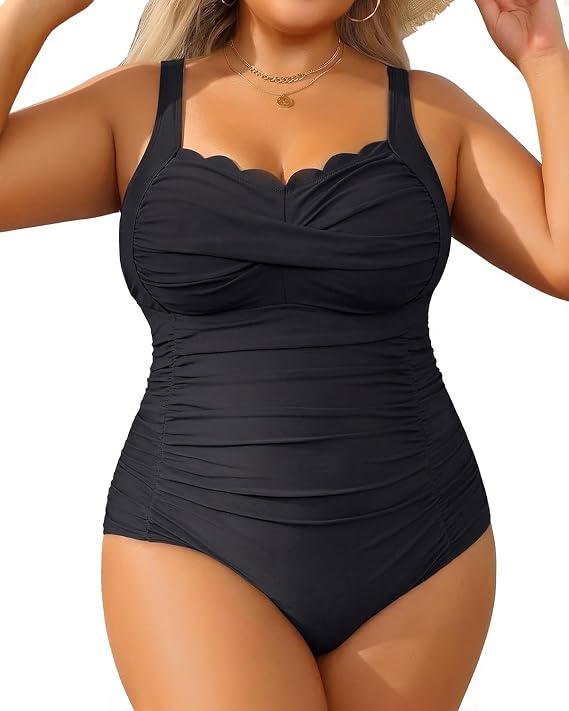 Plus Size One Piece Swimsuit- Tummy Control Full Coverage Bathing Suit | Scalloped, Unremovable cups, Adjustable Straps, Ruched, Full Coverage, Full Lining, Twist Front