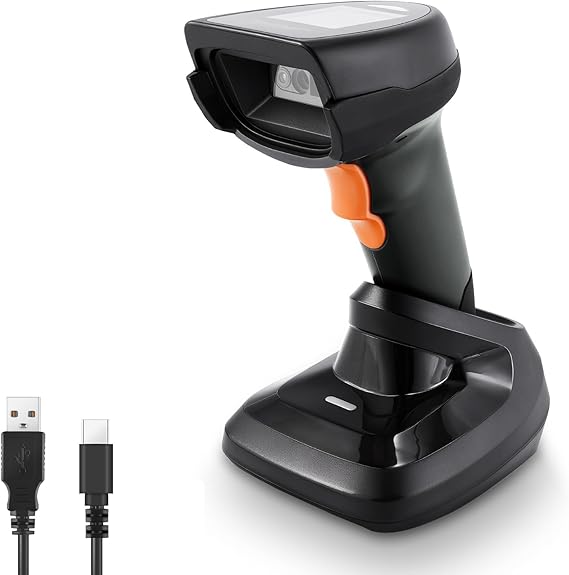 2D Wireless Barcode Scanner, Automatic Bar Code Reader with 1.8 Inch Display Screen, Rechargeable Handheld Barcode Reader with 2.4G Wireless Dongle Built in Base, Plug and Play