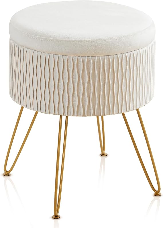 Round Makeup Ottoman Stool Velvet Vanity Chair for Bedroom Modern Footstool Footrest Small Vanity Ottoman with Storage Side Table Coffee Table Pouf Couch Stool with Metal Legs, Beige