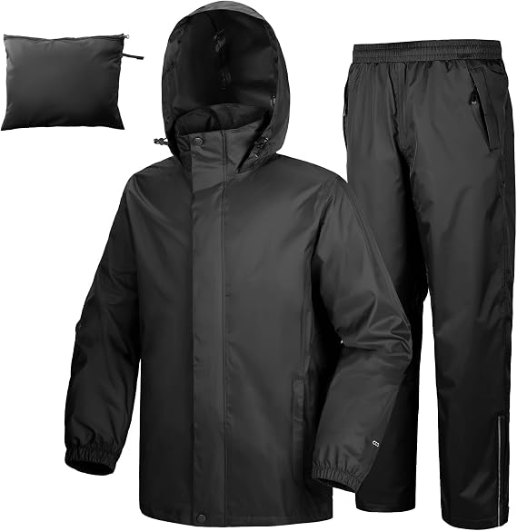 33,000ft Men's Rain Suit Packable Waterproof Packable Rain Gear | Lightweight, Zipper Pockets, Adjustable Hood, Hook & Loop, Golf, Hiking, Cycling, 2 Pieces(Rain Jackets and Pant)