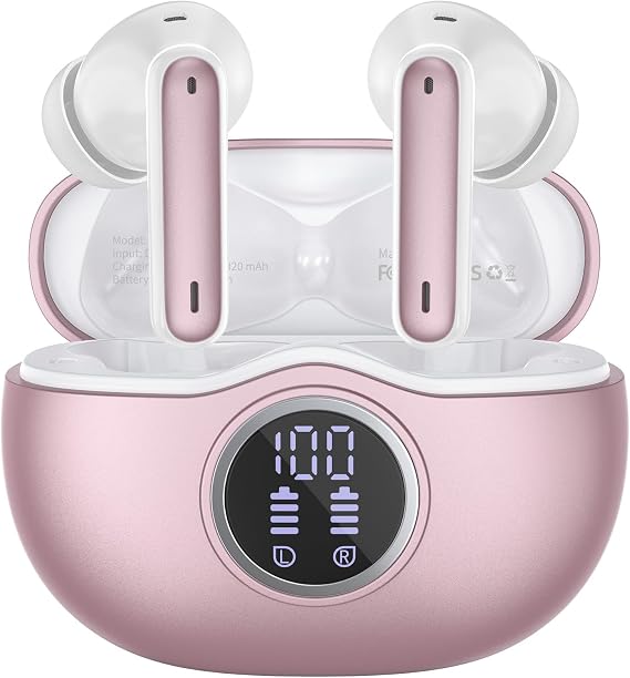 Wireless Earbuds Bluetooth 5.3 Headphones 40 Hrs Playtime with LED Display, Deep Bass Stereo and Noise Cancelling Bluetooth Ear Buds IP7 Waterproof Wireless Earphones for iPhone Android, Rose
