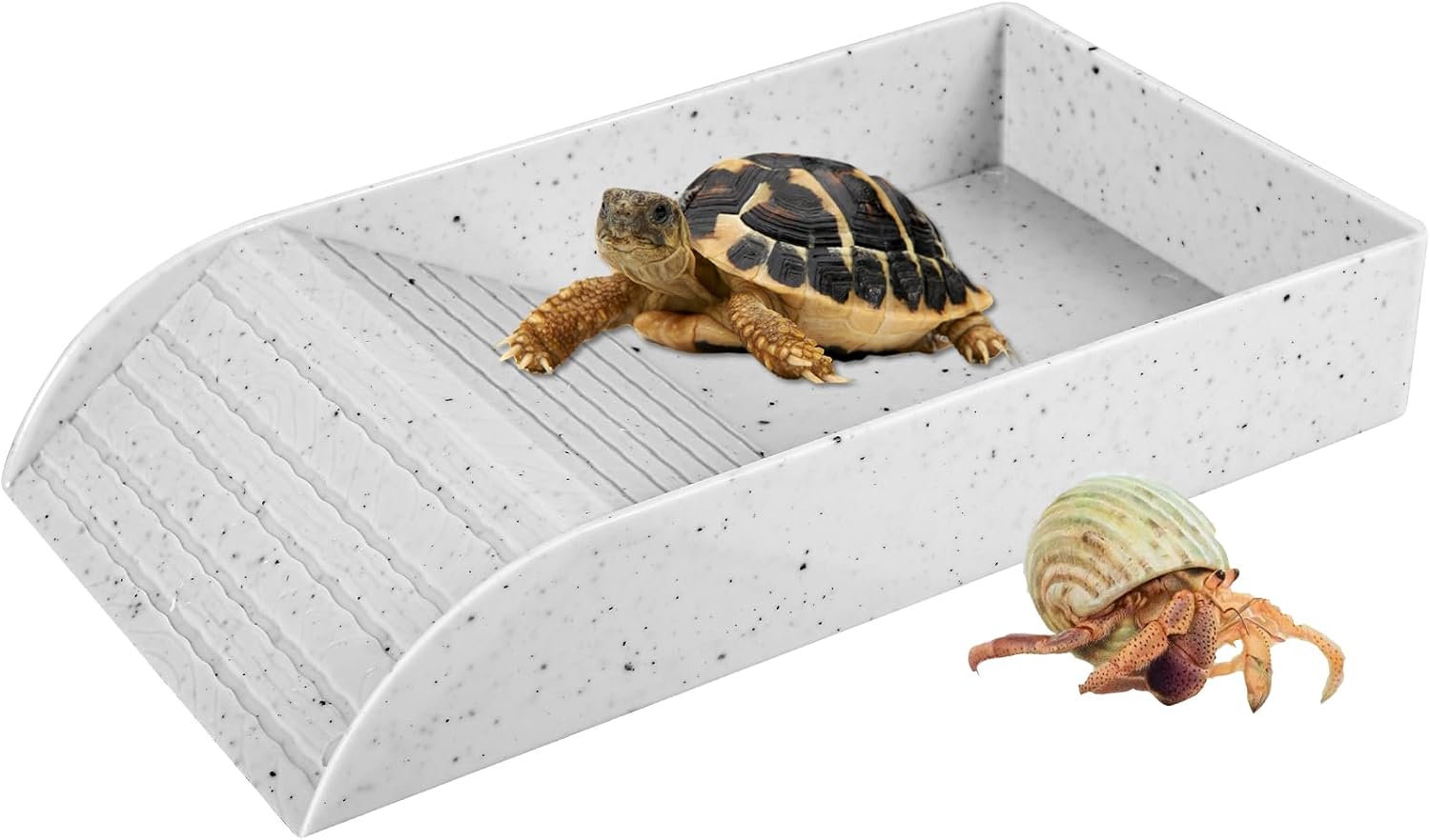 Turtle Reptile Pool,Tortoise Food Dish Tortoise Bath Dish Reptile Water Food Bowls with Anti-Slip Ramp Habitat Accessories for Turtles Horned Frogs and Lizards (Granite color, 30.5x14.8x5.8cm)