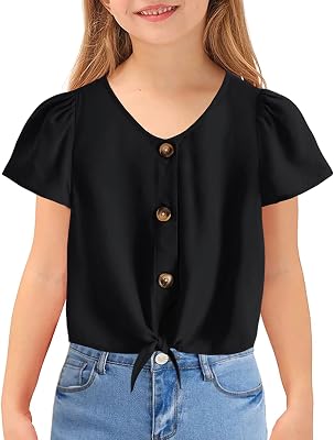 YOBECHO Girl Kids Summer Tie Front Knot Short Sleeve Shirts Button Up Cute Tunic Tops Blouse Black