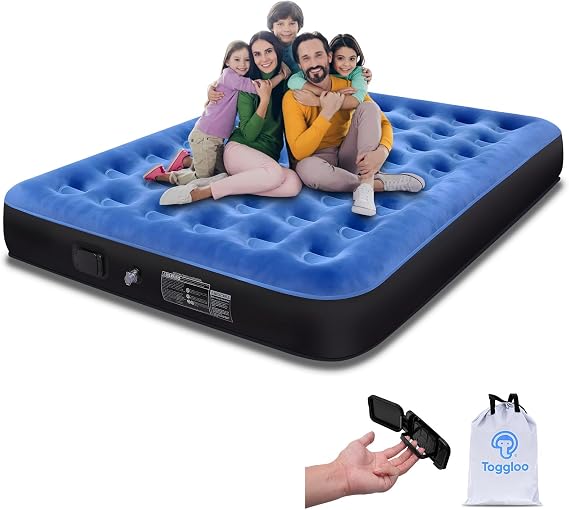 Queen Air Mattress with Built in Pump, 48Hr Leak-Proof Test, 3 Mins Quick Self-Inflation, Flocked Top Airbed with Carry Bag for Home, Camping, Honeycomb Pillar Design, Supports 650 lbs