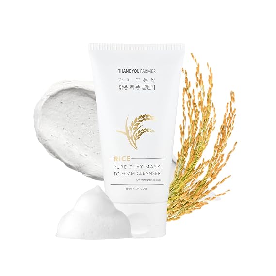 THANKYOU FARMER Rice Pure Clay Mask to Foam Cleanser, 1 Minute Clay Mask to Purify Pores, Foam Cleanse to Remove Excess Oil & Sebum, Deep Cleansing, Korean Skincare, Dermatologist Tested, 5.27 Fl oz