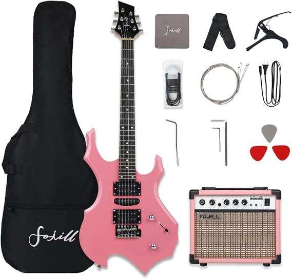 Fojill Heavy Metal Cool Shape Electric Guitar Kit Set Beginner Starter Combo Package Bundle 20W Amplifier Amp Accessory Padded gig Bag,Picks, Cable,Strap,Extra Strings (FCGK-50, Pink)