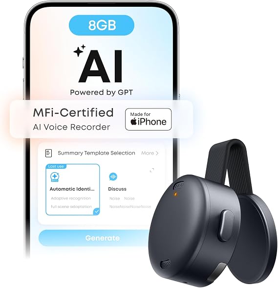 soundcore Work by Anker, Coin-Sized AI Voice Recorder, 8GB, MFi-Certified