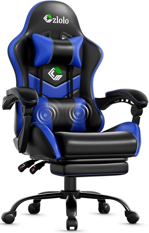 Czlolo Gaming Chair with Footrest Racing Style Lumbar Support Massager Video Game Chair with Metal Legs, High Back Gamer Chair with Headrest, 360 Swivel Office Computer Desk Chair, Navy Blue