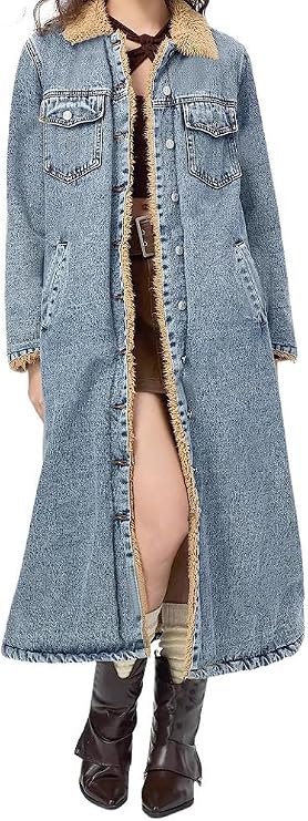 chouyatou Women's Winter Sherpa Lined Midi Long Denim Jacket Casual Distressed Button Down Jean Trench Coat