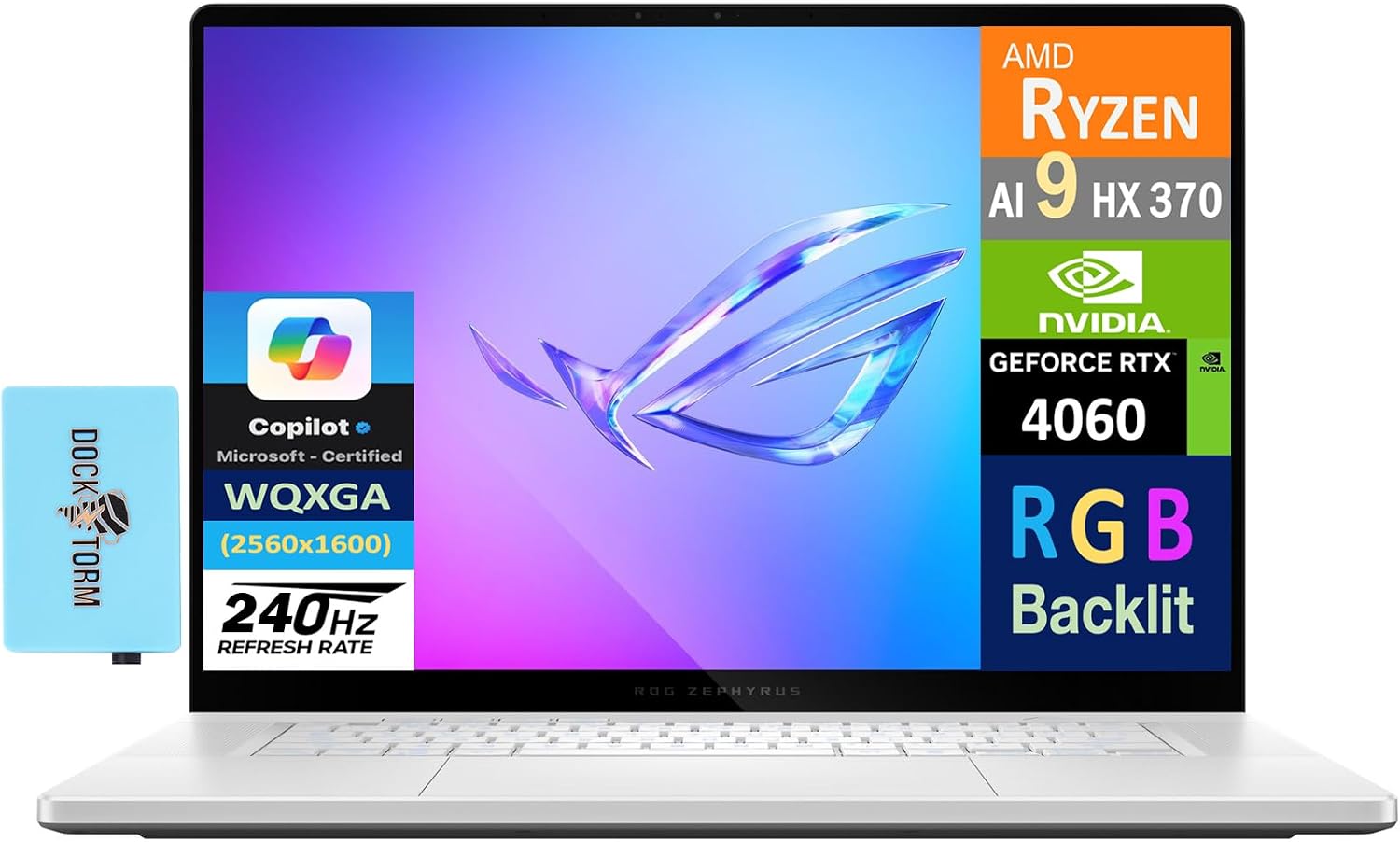 ASUS ROG Zephyrus G16 Gaming Laptop 16.0 240Hz AMOLED WQXGA Display AMD Ryzen AI 9 HX 370, GeForce RTX 4060 8GB, 16GB LPDDR5X, 2x2TB PCIe SSD 4TB, RGB KB, Win 11 Home wDKZ USB Port Expander