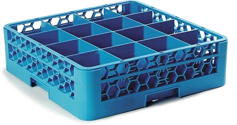 Carlisle FoodService Products Opticlean Glass Rack 16 Compartments with 1 Extender for Kitchens and Restaurants, 19.875" x 19.875" x 5.5", Compartment Size 4.45" x 4.45" Blue